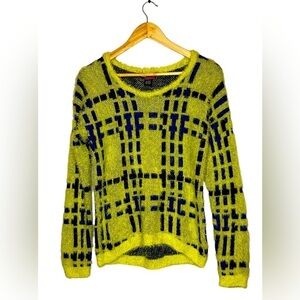 Say What? Vintage Y2K women’s sweater, fuzzy plaid lime green, blue, bla…